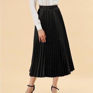 Black Shiny Accordion Pleated Midi Skirt